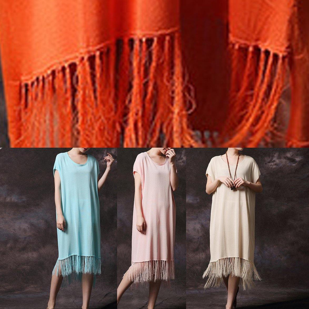 Simple Pink Tassel Cotton Long Shirts O Neck Loose Summer Dress