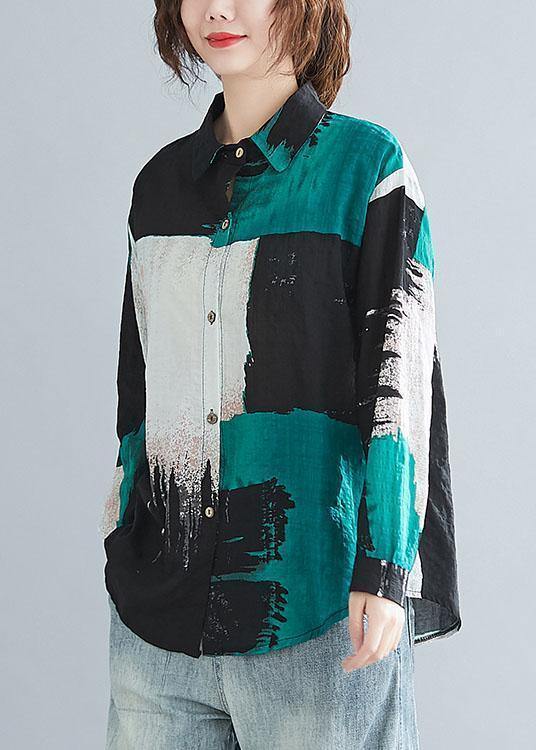 Simple print cotton linen clothes For Women Sewing lapel Button top