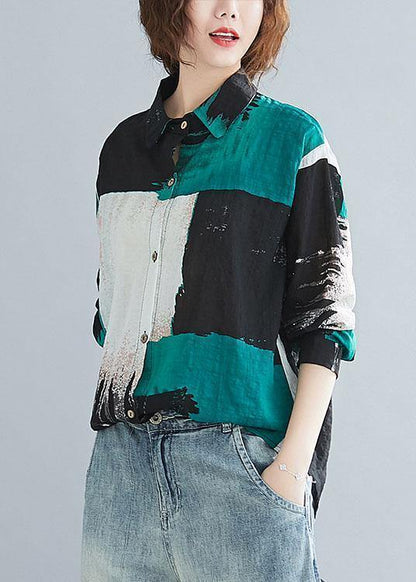Simple print cotton linen clothes For Women Sewing lapel Button top