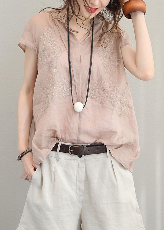 Simple Purple Khaki Linen Clothes Stand Collar Short Summer Tops