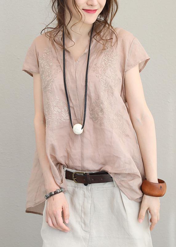 Simple Purple Khaki Linen Clothes Stand Collar Short Summer Tops