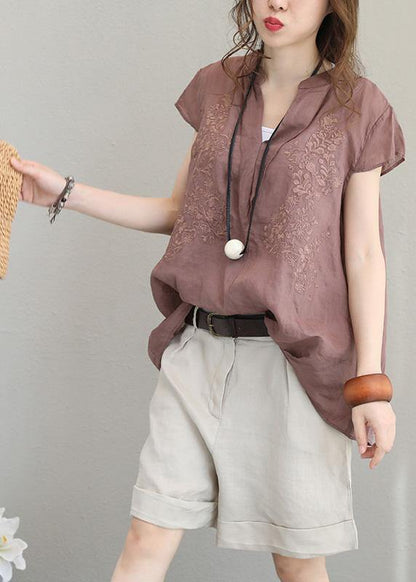 Simple Purple Khaki Linen Clothes Stand Collar Short Summer Tops