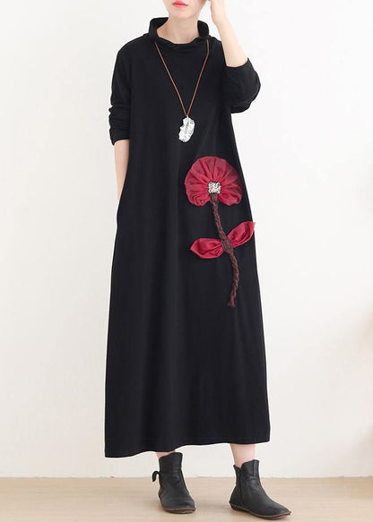 Simple Red Lotus Long Dress High Neck Maxi Dress