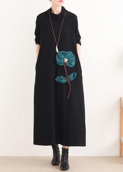 Simple Red Lotus Long Dress High Neck Maxi Dress