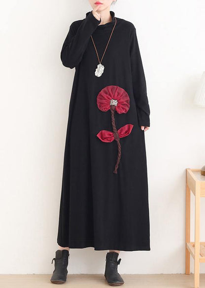 Simple Red Lotus Long Dress High Neck Maxi Dress
