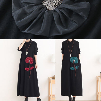 Simple Red Lotus Long Dress High Neck Maxi Dress