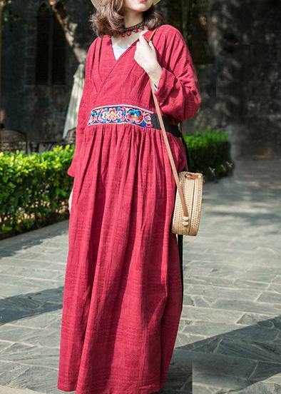 Simple Red Linen Clothes V Neck Embroidery Cotton Robes Summer Dresses