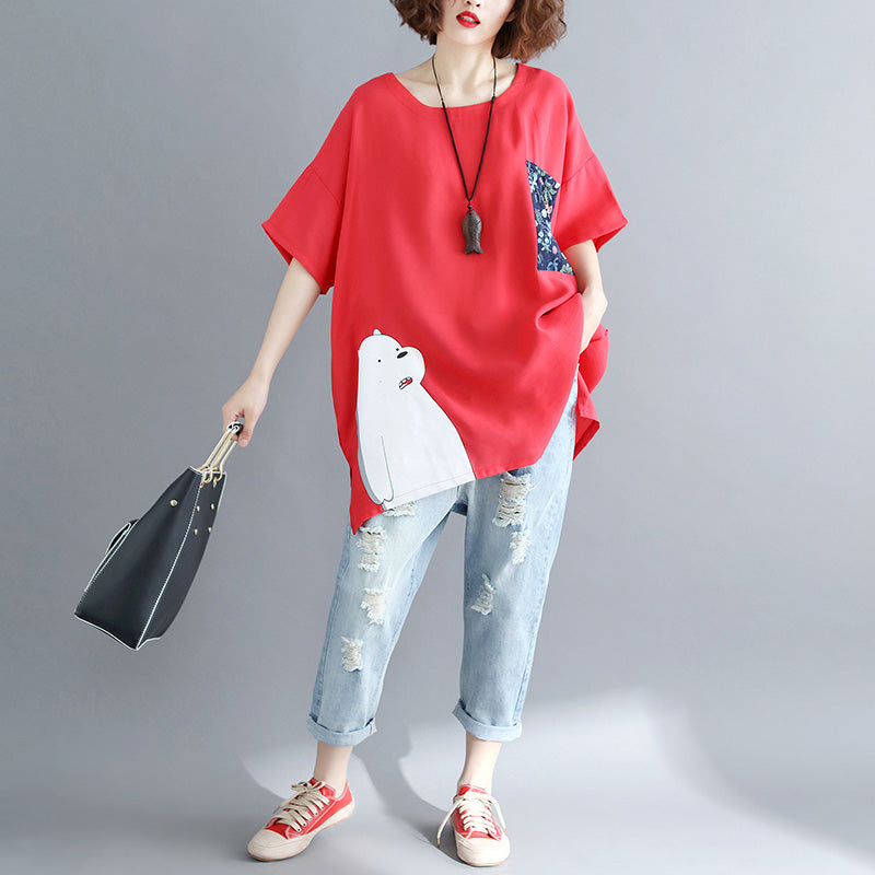 Simple Red Linen Cotton Linen Tops Blouses Design Pockets Batwing Sleeve Daily Tops