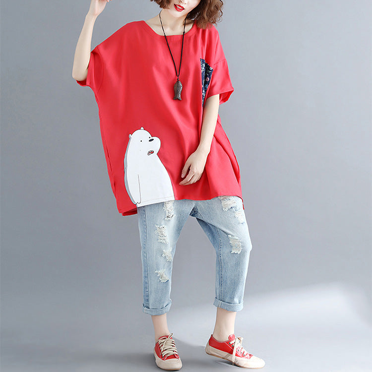 Simple Red Linen Cotton Linen Tops Blouses Design Pockets Batwing Sleeve Daily Tops