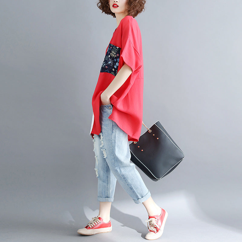 Simple Red Linen Cotton Linen Tops Blouses Design Pockets Batwing Sleeve Daily Tops