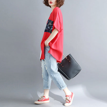Simple Red Linen Cotton Linen Tops Blouses Design Pockets Batwing Sleeve Daily Tops