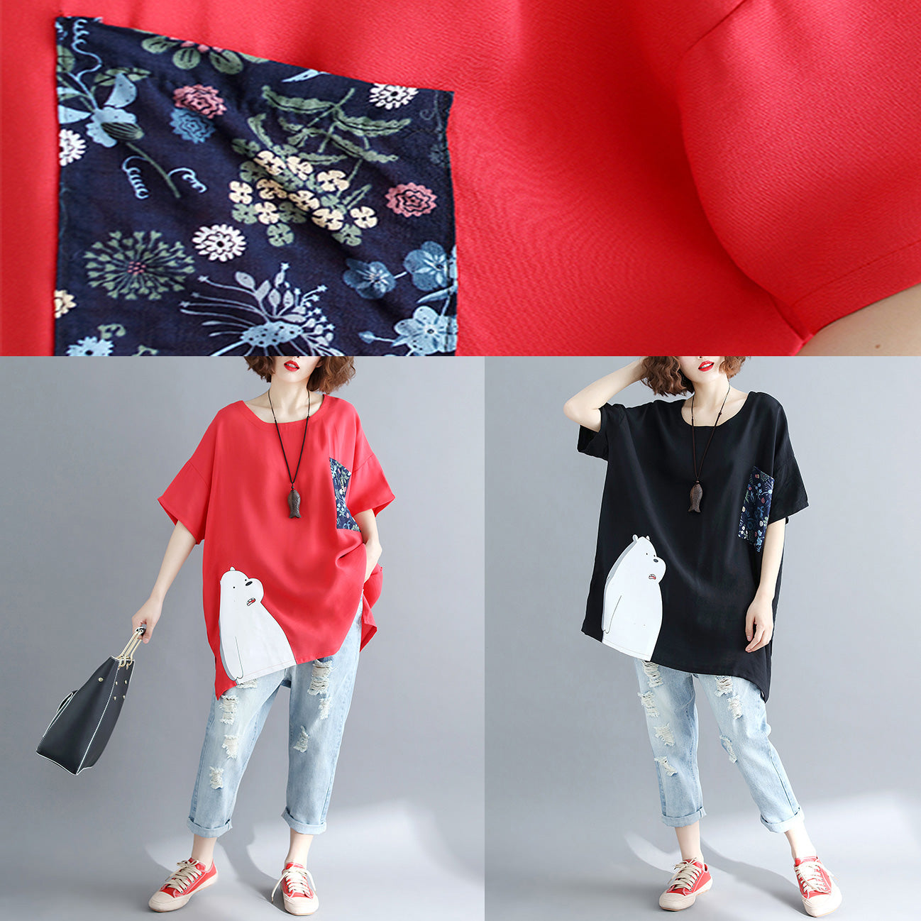 Simple Red Linen Cotton Linen Tops Blouses Design Pockets Batwing Sleeve Daily Tops