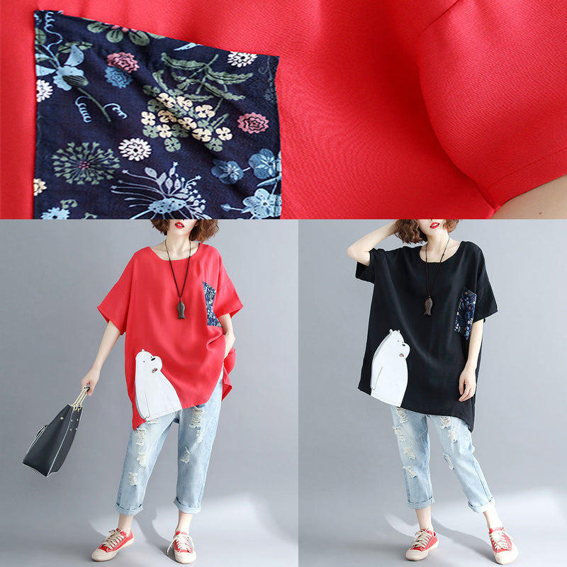 Simple Red Linen Cotton Linen Tops Blouses Design Pockets Batwing Sleeve Daily Tops