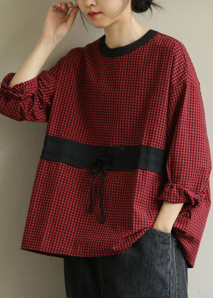 Simple red plaid clothes o neck tie waist baggy fall top