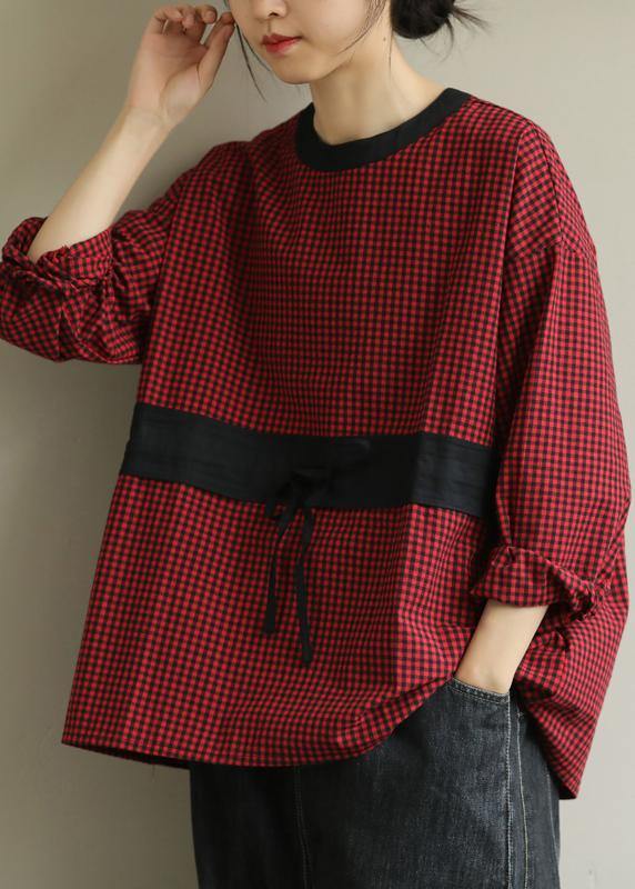 Simple Red Plaid Clothes O Neck Tie Waist Baggy Fall Top