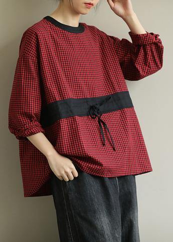 Simple red plaid clothes o neck tie waist baggy fall top