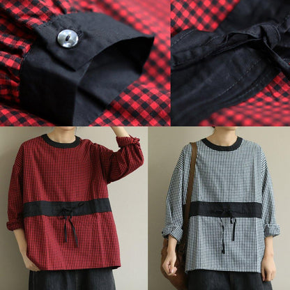 Simple red plaid clothes o neck tie waist baggy fall top