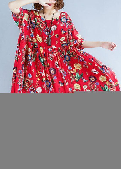Simple Red Print Cotton Clothes for O Neck Cinched Dresses Summer Dresses