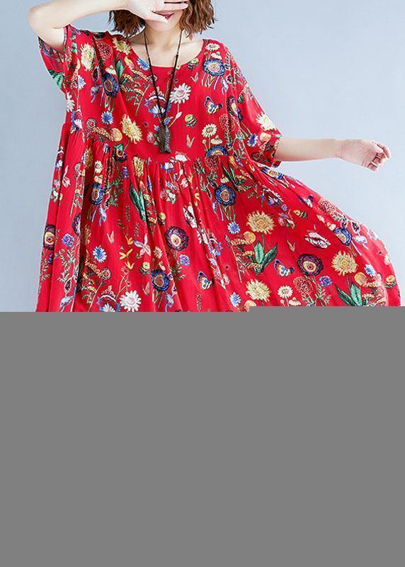 Simple Red Print Cotton Clothes for O Neck Cinched Dresses Summer Dresses