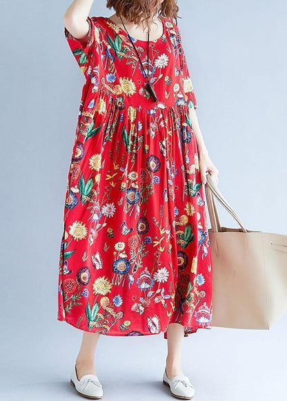 Simple Red Print Cotton Clothes for O Neck Cinched Dresses Summer Dresses