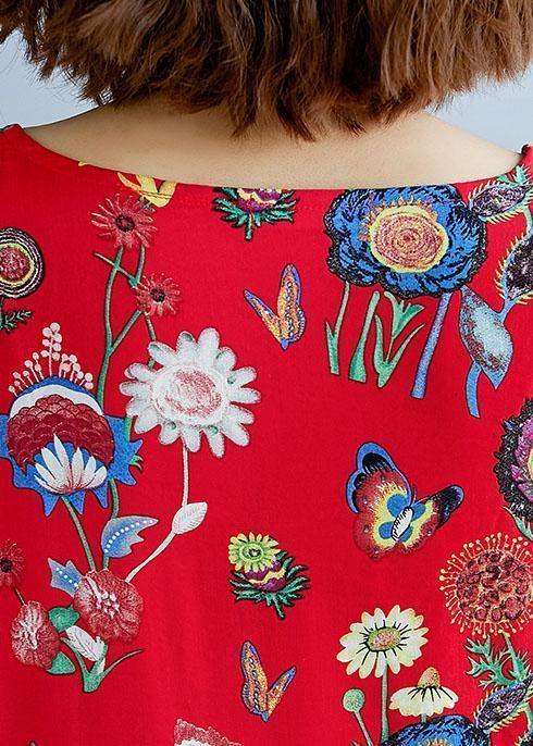 Simple Red Print Cotton Clothes for O Neck Cinched Dresses Summer Dresses