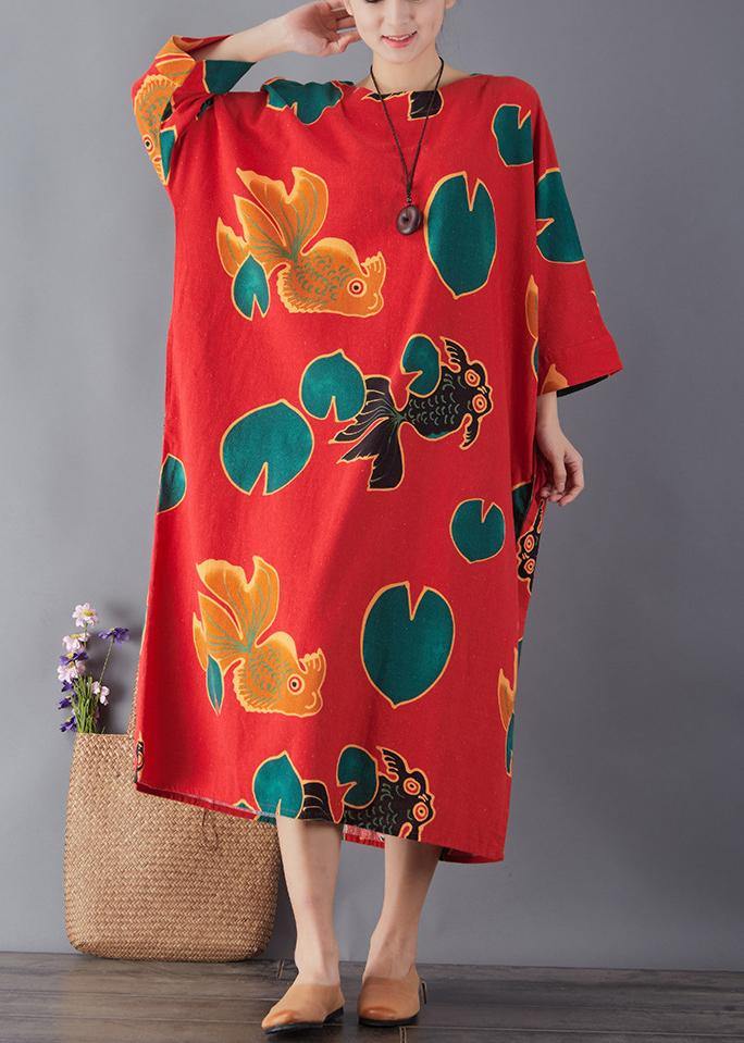 Simple Red Print Cotton Dress O Neck Pockets Maxi Summer Dresses