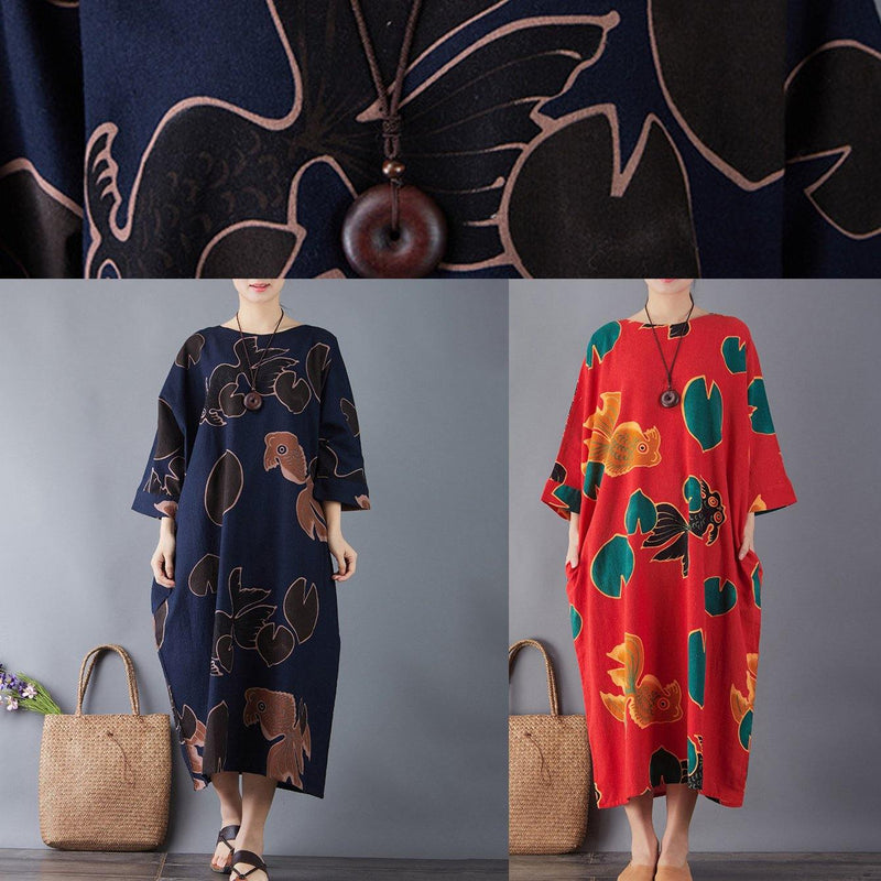 Simple Red Print Cotton Dress O Neck Pockets Maxi Summer Dresses
