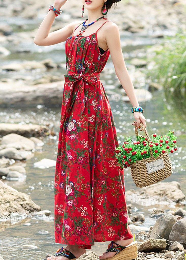 Simple Red Print Cotton Quilting Dresses Sleeveless Tie Waist a Line Summer Dresses