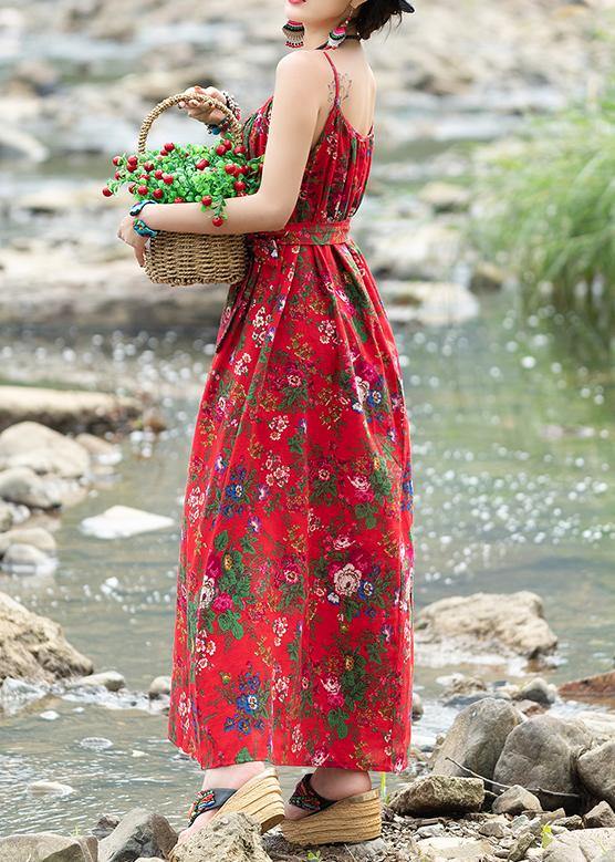 Simple Red Print Cotton Quilting Dresses Sleeveless Tie Waist a Line Summer Dresses