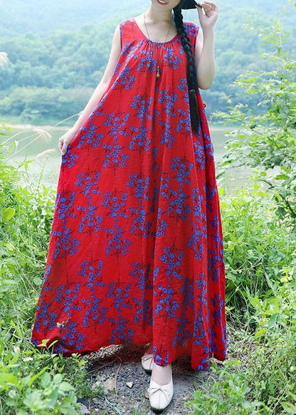 Simple Red Print Linen Cotton Clothes O Neck Sleeveless Drawstring Long Summer Dresses