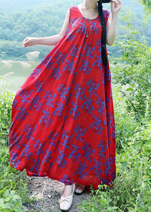 Simple Red Print Linen Cotton Clothes O Neck Sleeveless Drawstring Long Summer Dresses
