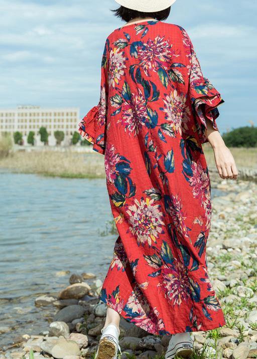 Simple Red Print Linen Cotton O Neck Flare Sleeve Long Summer Dresses
