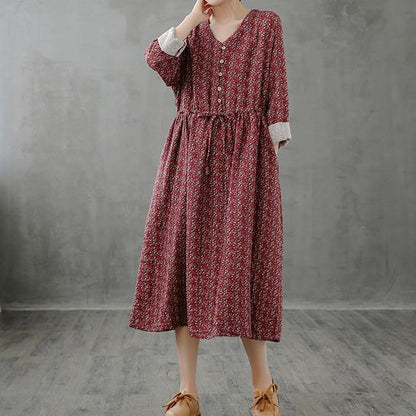 Simple Red Print Top Stand Collar Drawstring Fall Dress