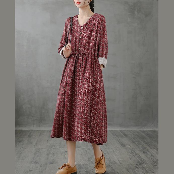 Simple Red Print Top Stand Collar Drawstring Fall Dress