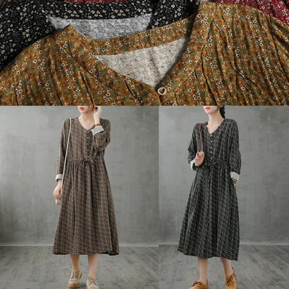 Simple Red Print Top Stand Collar Drawstring Fall Dress
