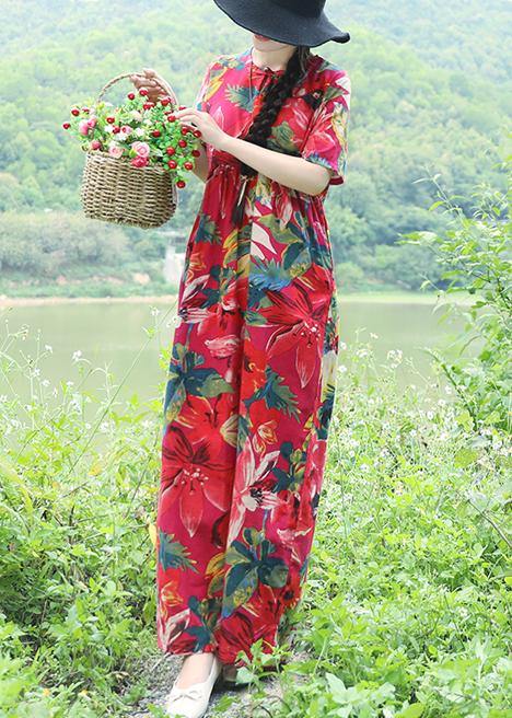 Simple Red Prints Linen Dress Outfits Short Sleeveless Love Summer Dress