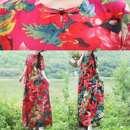 Simple Red Prints Linen Dress Outfits Short Sleeveless Love Summer Dress