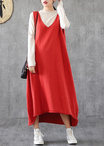 Simple Red Tunic Top V Neck Sleeveless Maxi Dress