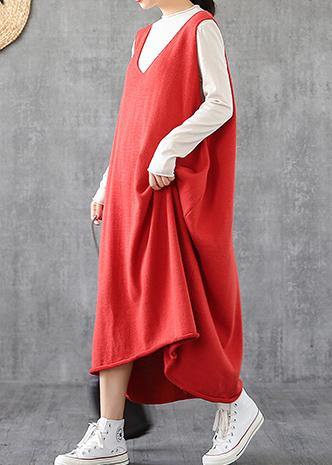 Simple Red Tunic Top V Neck Sleeveless Maxi Dress