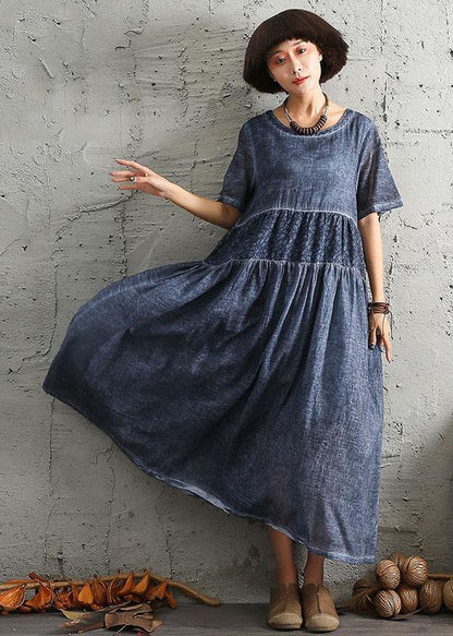 Simple Short Sleeve Linen Wardrobes Design Blue Patchwork Dress Summer