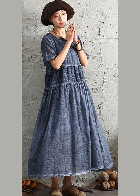 Simple Short Sleeve Linen Wardrobes Design Blue Patchwork Dress Summer