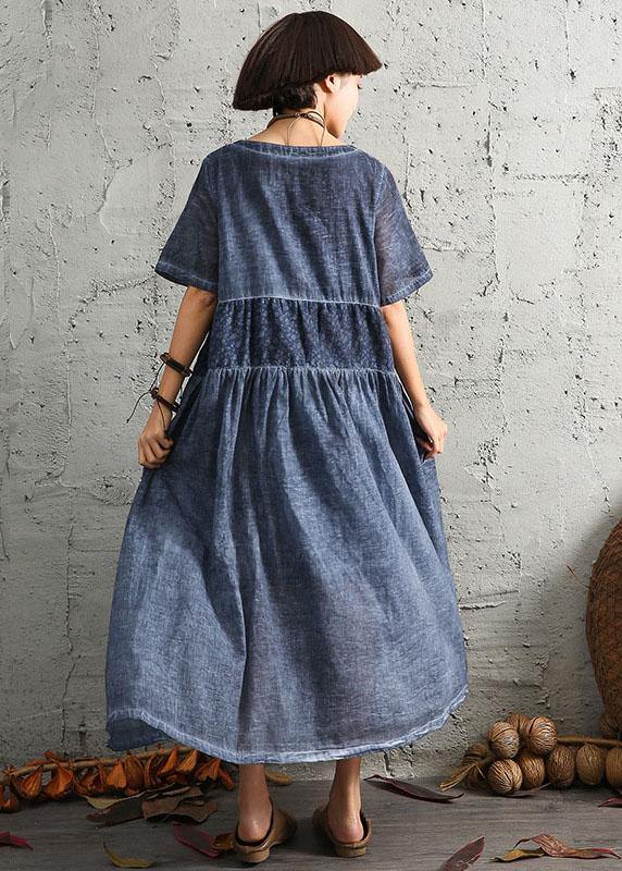Simple Short Sleeve Linen Wardrobes Design Blue Patchwork Dress Summer