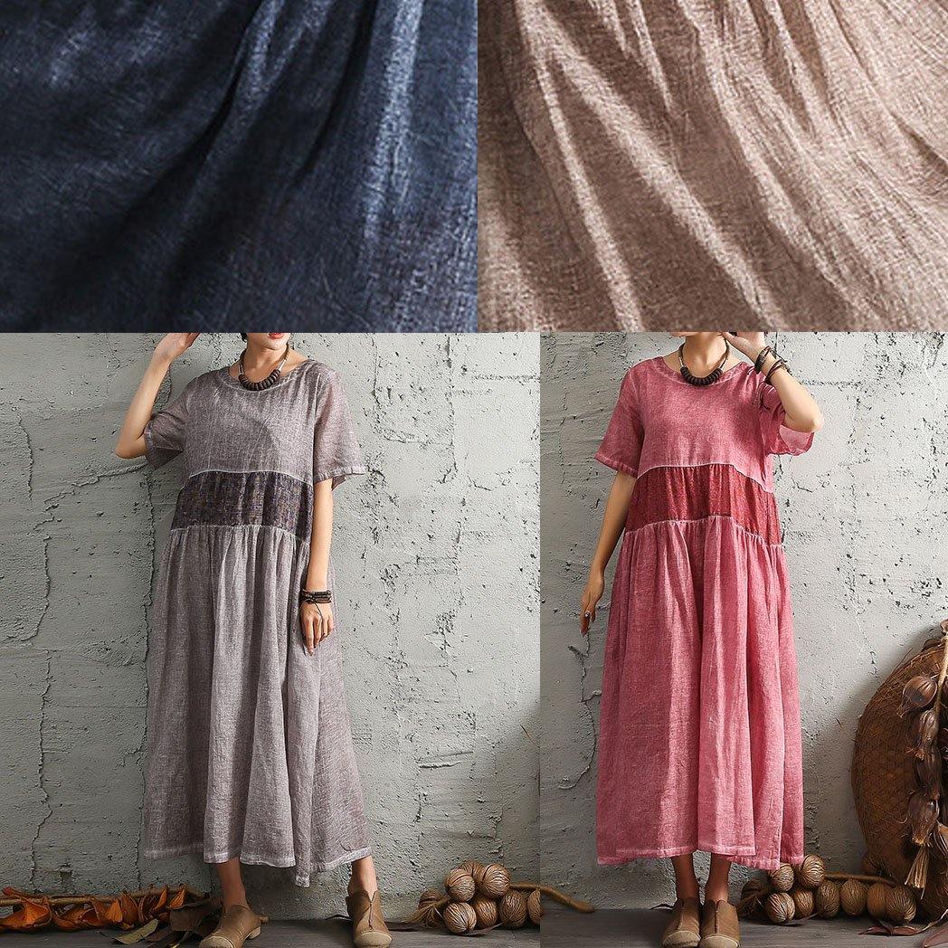 Simple Short Sleeve Linen Wardrobes Design Blue Patchwork Dress Summer