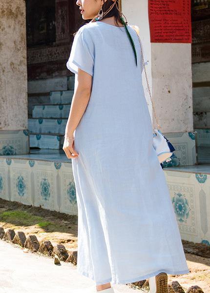 Simple Sky Blue Cotton Linen Clothes for O Neck Pockets Summer Dresses