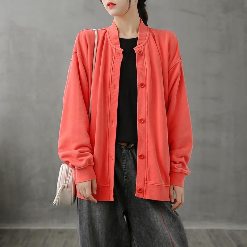 Simple Stand Collar Button Down Tops Blouses Work Outfits Red Top