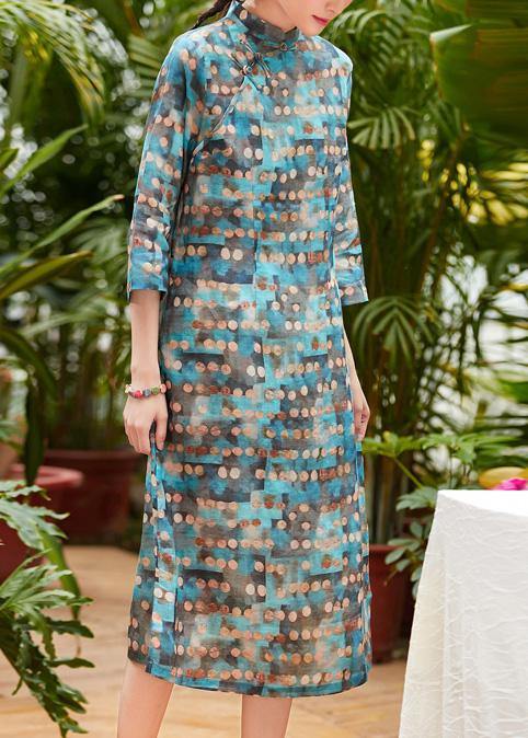 Simple Stand Collar Chinese Button Linen Wardrobes Pattern Blue Dotted Dresses Summer
