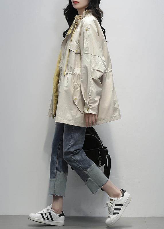 Simple Stand Collar Drawstring Clothes Khaki Midi Coat