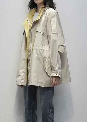 Simple Stand Collar Drawstring Clothes Khaki Midi Coat