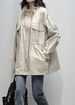 Simple Stand Collar Drawstring Clothes Khaki Midi Coat