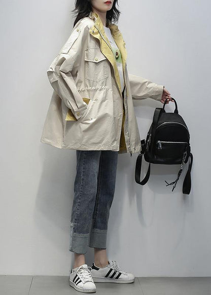 Simple Stand Collar Drawstring Clothes Khaki Midi Coat